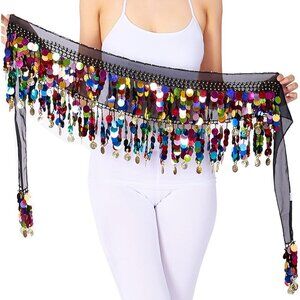 Women's Belly Dance Hip Scarf Skirt Wrap Black Sequins Coins Performance Costume